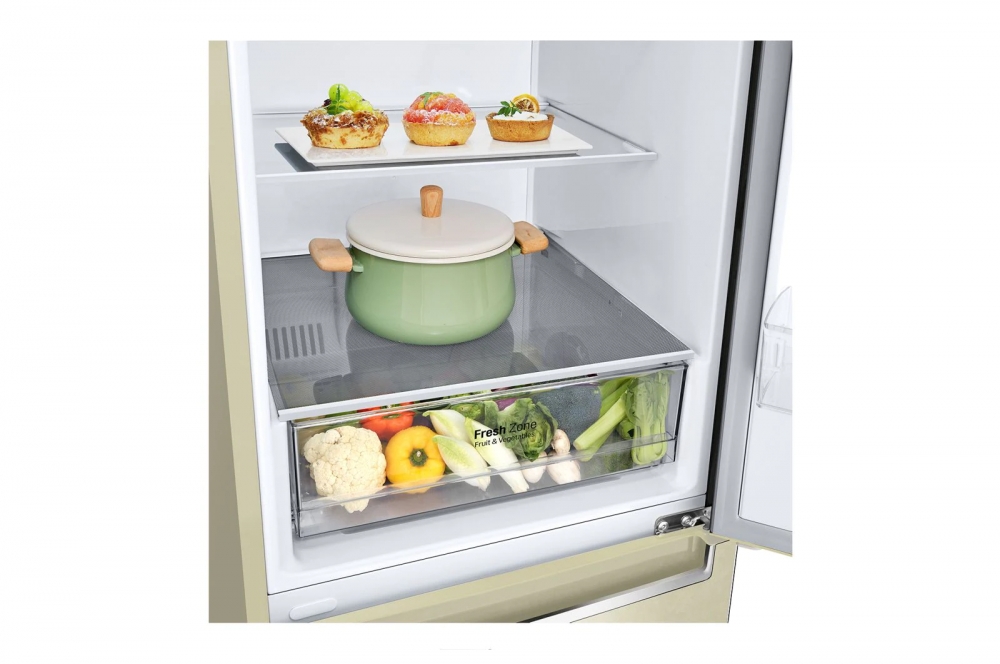 Холодильник LG с нижней морозильной камерой | Бежевый | DoorCooling+™ | Объем 341 л | Smart Inverter Compressor