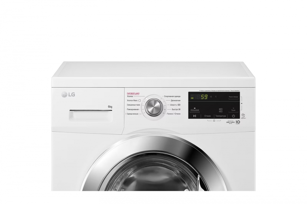 Bevosita uzatmali LG kir yuvish mashinasi, 6 kg, 6 ta avaylab yuvish harakat, Steam™ bug’ bilan yuvish funksiyasi