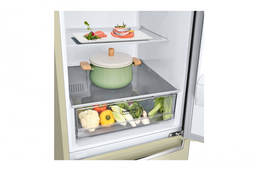 Холодильник LG с нижней морозильной камерой | Бежевый | DoorCooling+™ | Объем 341 л | Smart Inverter Compressor