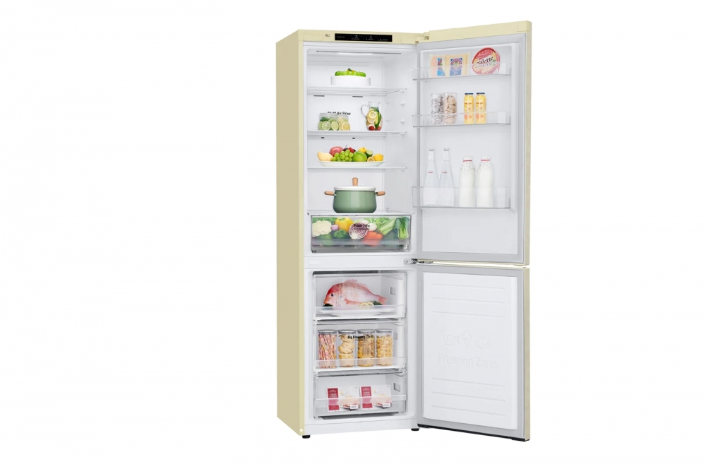 Холодильник LG с нижней морозильной камерой | Бежевый | DoorCooling+™ | Объем 341 л | Smart Inverter Compressor